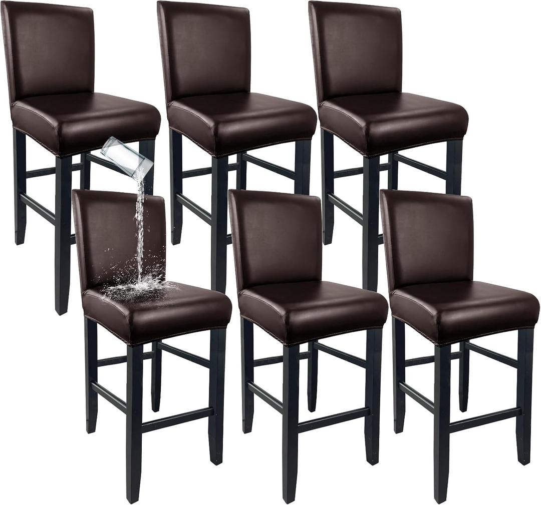 PU Leather Bar Stool Covers with Backs, Waterproof Bar Stool Chair Covers Washable & Wipeable High Back Barstool Slipcovers Chair Protctor for Pub, Counter, Cafe, Dining Room (PU Dark Brown, 6 Pack)