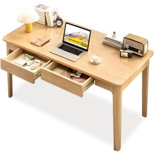 Solid Wood Desk with Drawers, Modern Wooden Computer Desk Writing Desk Work Desk for Home Office Bedroom,Easy Assembly (Wood Color, 39inch / 100cm)