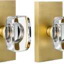 Satin Brass Crystal Glass Dummy Door Knob Interior, Gold Dummy Door Knob for Closet Hall Rectangular Single Side Non-Turning Inactive, 2 Pack