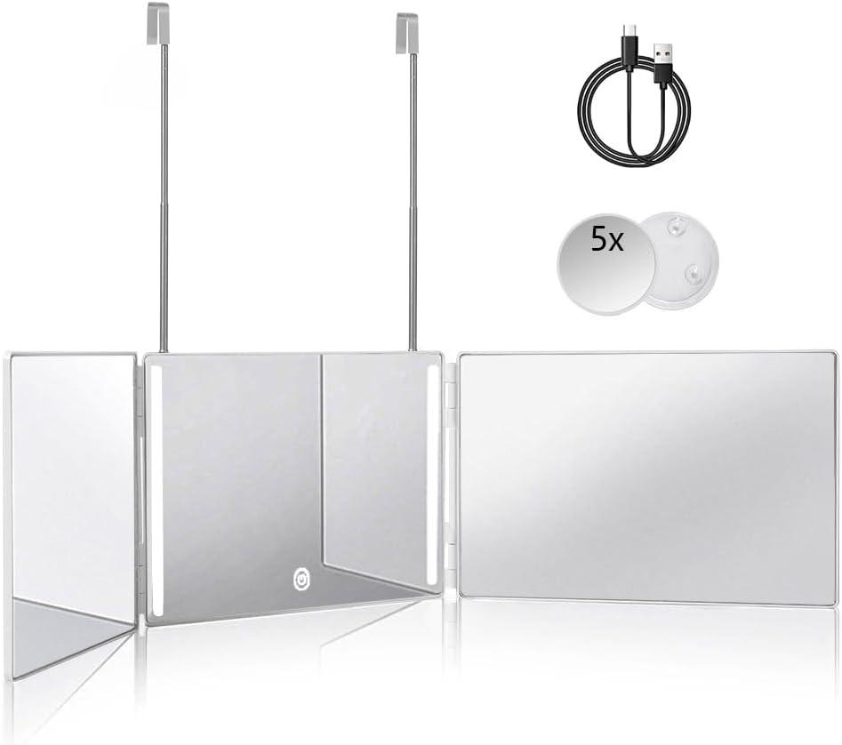 HIEEY 3 Way 360 Trifold Mirror with LED, Height Adjustable Telescoping Hooks,and 5X Magnification for Makeup,Hair Cutting/Styling (White) HIEEY 3 Way 360 Trifold Mirror with LED, Height Adjustable Telescoping Hooks,and 5X Magnification for Makeup,Hair Cutting/Styling (White)