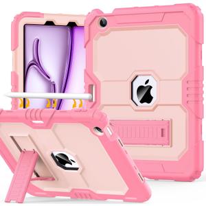 OKP Case for iPad Air 11-inch M2/M3 (2024/2025) (Air 6th), for iPad Air 5th/4th Generation (2022/2020) 10.9'', Heavy Duty Rugged Air 6 5 4 th Gen iPad Cover with Pencil Holder/Stand, Pink+LightPink
