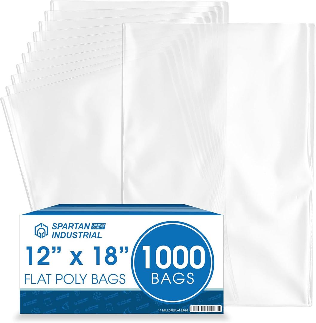 Spartan Industrial - 12” X 18” 1.1 Mil Flat Open End Clear Plastic Poly Bags - For Proofing Bread Dough, Packaging Clothes, Shirts (Thin & Lightweight - Bags DO NOT Have Seal)