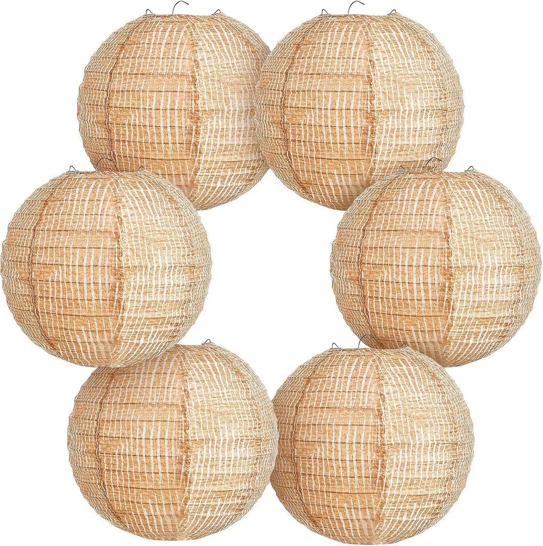 Print Burlap Paper Lanterns 8 inch Round Hanging Chinese Paper Lamp Decorative for Farmhouse Classroom Decor Home Classroom Birthday Party Supply Ceremonial Event, 6pcs (Brown)