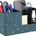 Desk Pen Pencil Holder Bling Pasted Rhinestones Paper Stationery Storage Box, Multi-functional Organizer for Pen/Pencil,Cell phone,Business Name Cards,Eye Glasses,Remote Control Holder (Blue)