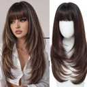 MINLEE Brown Highlights Wig with Bangs for Women Long Wavy Brown Wigs 4x4 Realistic Scalp,26 Inch Layered Brown Hair Wigs Heat Resistant Synthetic Wigs