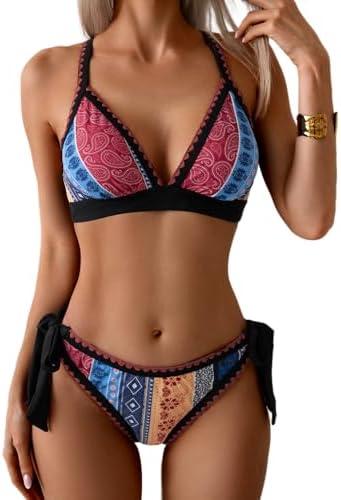 Aidonger Bikini Sets for Women Floral Two Piece Bathing Suit V Neck Shell Stitched Swimsuit Tie Side Triangle Swimwear M