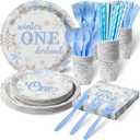 Winter Onederland Party Supplies Blue and Silver Snowflake Plates and Napkins Set Disposable 1st Birthday Party Tableware for Winter Onederland Snowflake Baby Boy First Birthday Party Decor Serve 50