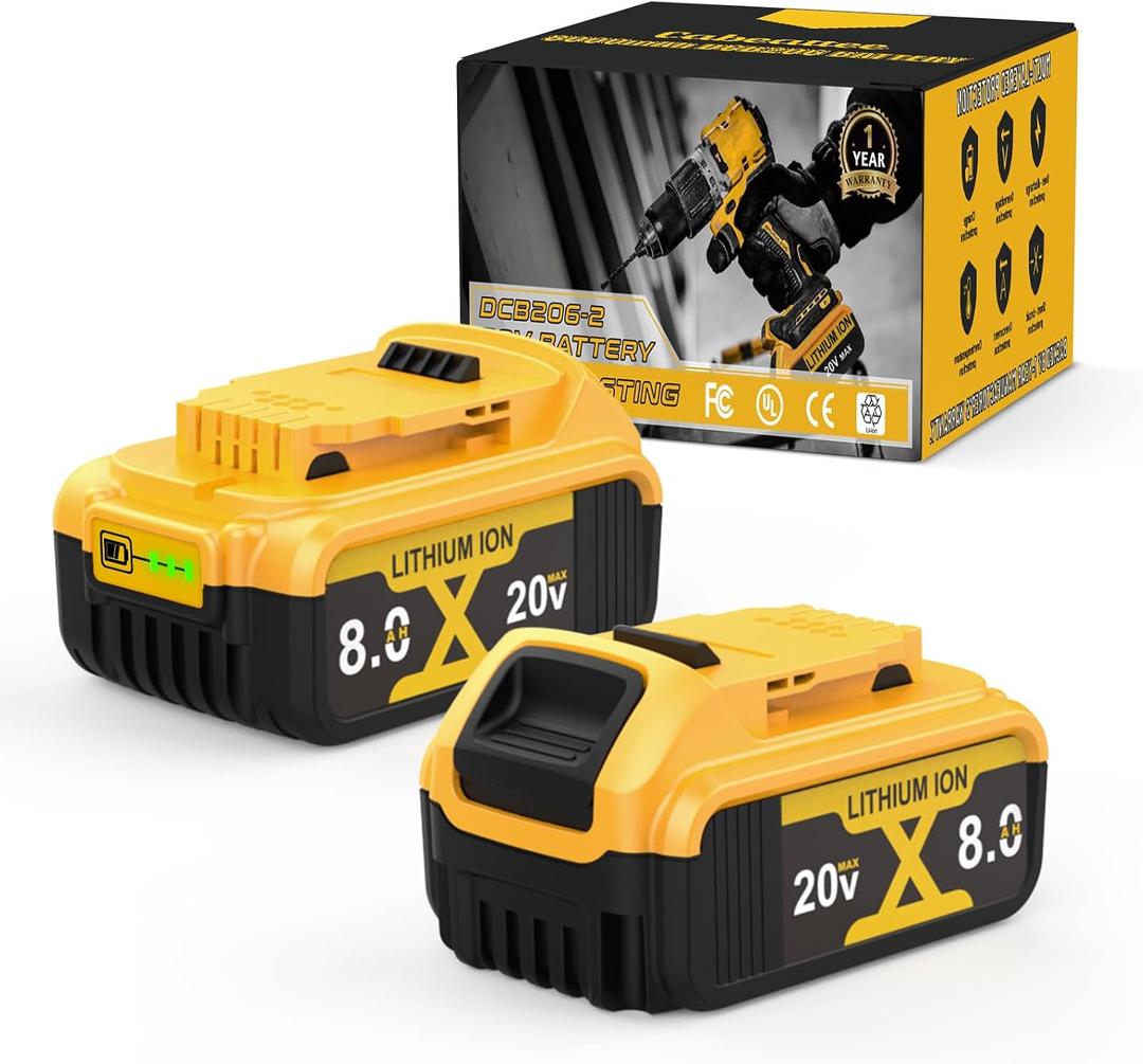Cabeattee Upgraded 2Pack 8000mAH Replacement for Dewalt 20v Max Battery Compatible with Dewalt Battery DCB208 DCB207 DCB206 DCB204 DCB203 DCB201 DCB200 DCB181 DCB180, LED Charge Indicator