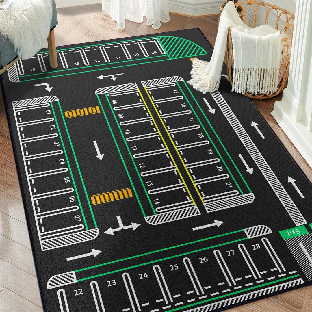 Play Rug 5'x 6'6", Parking Lot Rug for Toy Cars, City Traffic Pretend Playmat Home Decor Carpet, Non-Slip Washable Educational Road Map Area Rugs for Boys Bedroom Playroom