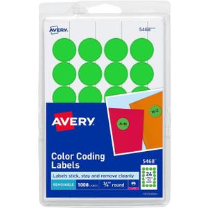 Avery 05468 Removable Round Labels, 3/4-Inch Diameter, Neon Green, 1008 Labels/PK