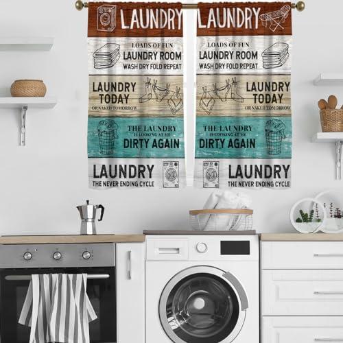 zokyer Laundry Kitchen Window Curtain Rustic Wash Dry Quotes Words Wooden Teal Brown Funny Fun Small Short 27.5" W x 45" L Curtains Set for Bedroom Living Room Bathroom 2 Panels Rod Pocket Drapes
