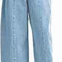PLNOTME Womens Baggy High Waisted Jeans Loose Boyfriend Wide Leg Side Pleated Denim Pants (Blue)