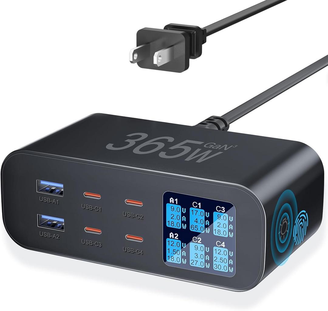 USB C Charger 6-Port with LED Display Adjustable Brightness, USB Charging Station GaN Multiport Fast Charger PD 100w 65W QC 3.0 Support PPS Compatible with MacBook iPhone Samsung, Black