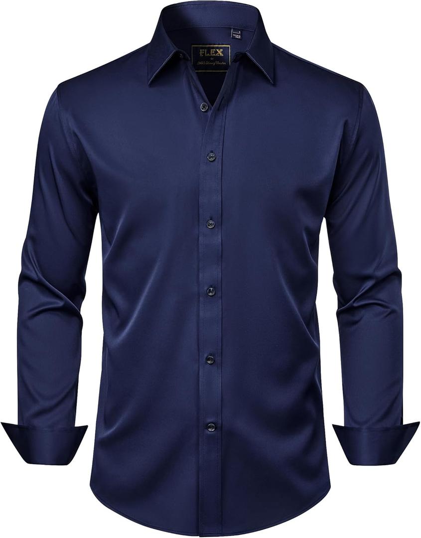 J.VER Men's Dress Shirts Solid Long Sleeve Stretch Wrinkle-Free Formal Shirt Business Casual Button Down Shirts (Blue, L)
