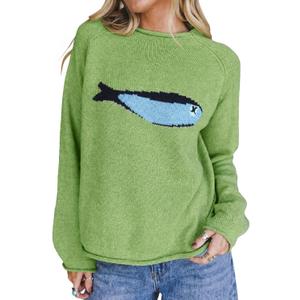Tankaneo Womens Fish Graphic Oversized Sweaters Roll Neck Knit Pullover (Green, XL)