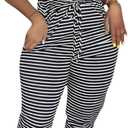 WDIRARA Women's Striped Off Shoulder Drawstring Tie Front Short Sleeve Casual Jumpsuit Pants (X-Large, Black and White)