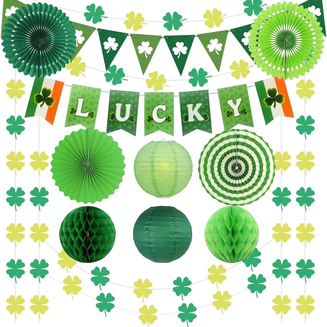 St. Patrick’s Day 12ct Party Decorations Supplies Kits, Green Shamrock Garland Banner with Paper Fans Lantern Honeycomb Ball