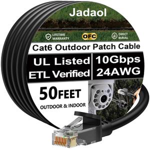 Cat6 Outdoor Ethernet Cable 50ft, 24AWG 10Gbps Support Cat8/7 Network, Pure Copper, Direct Burial Waterproof Underground Anti-UV (1Ft 3Ft 5Ft 10Ft 15Ft 20Ft 30Ft 40Ft 50Ft 60Ft 75Ft 100Ft 150ft 200ft) (Black)
