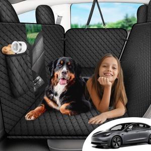 Dog Seat Covers for Back Seat - Hard Bottom Back Seat Extender for Dogs 100% Waterproof Non-Slip Dog Hammock Travel Bed with Headrest Protection Custom Fit for Tesla Model 3/Y