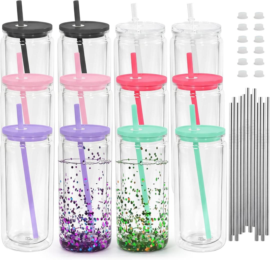 12 Pack 20oz Acrylic Snowglobe Tumbler, Pre-Drilled Double Wall Plastic Clear Cup, Plastic Mason Jar with Lids and Straw, Reusable Clear Beer Can for Snow Globe Glitter DIY