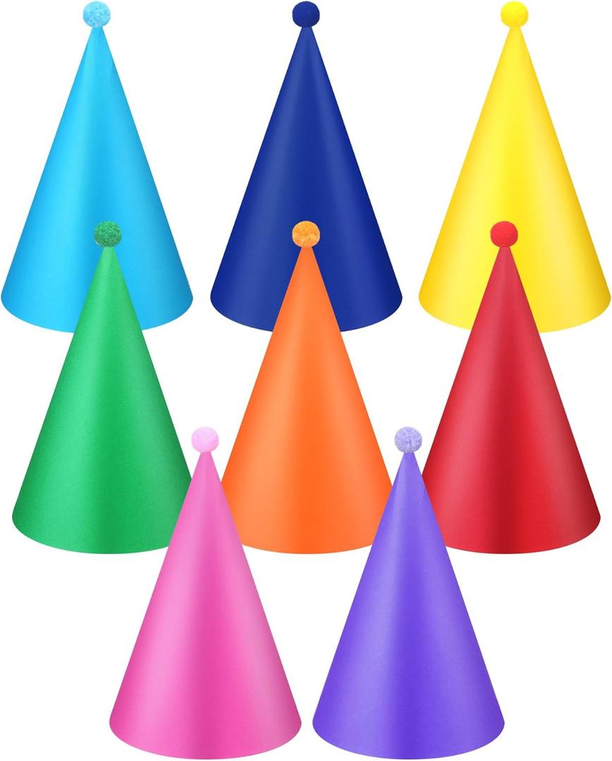 Faccito 24 Pcs Rainbow Birthday Party Cone Hats Colorful Pastel Paper Birthday Hats with Pom Poms Macaron Celebration Headwear for Baby Shower Bridal Shower Party Decorations