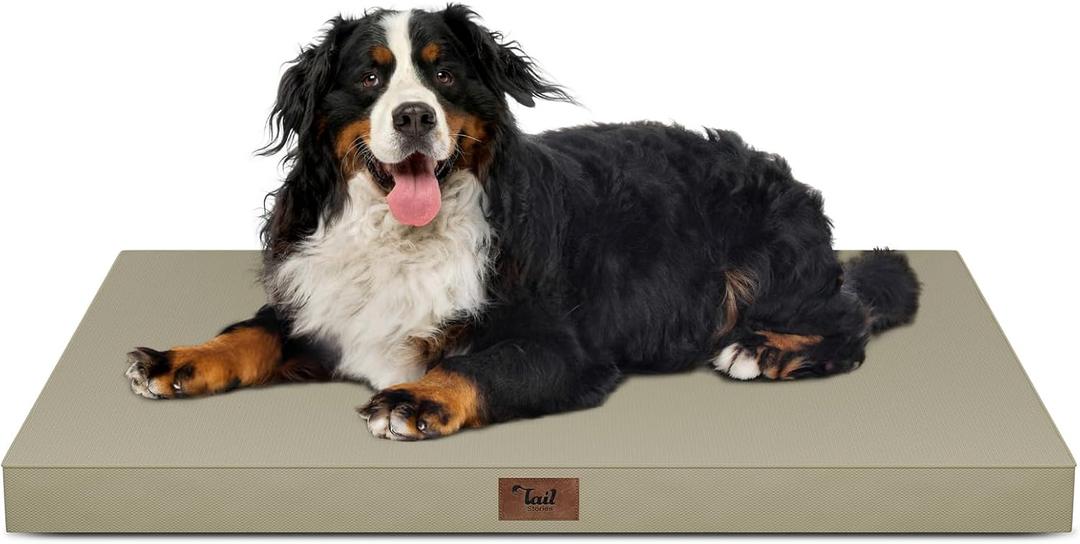 Outdoor Extra Large Dog Crate Bed, XXL Waterproof Dog Bed for Giant Breeds Dogs, 47x29 Inch Orthopedic Egg Crate Foam Pet Mat with Removable Cooling Cover, Khaki