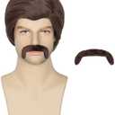 Miss U Hair Men Short Brown Wig with Mustache 70s 80s Costume Party Wig