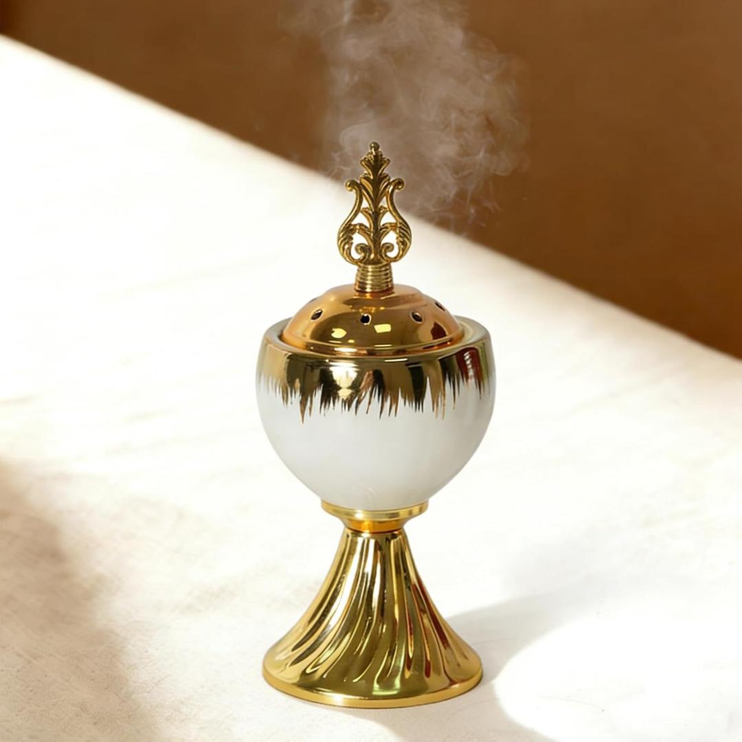 Ceramic Bakhoor Incense Burner - Tranditional Golden Bakhoor Burner - for Yoga, Spa, Aromatherapy, Office & Home Decor