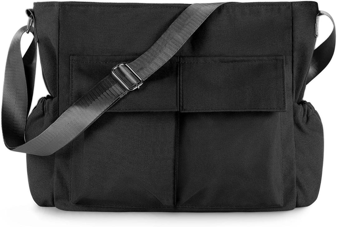 Canvas Messenger Bag Crossbody Shoulder Bag for Men Women Vintage Tote Laptop Bag Large Hobo Bag with Multiple Pockets (Black)