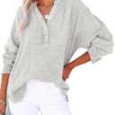 Dokotoo Womens Casual Button V Neck Long Sleeve Shirts Oversized Solid Blouses Tops (Gray, M)