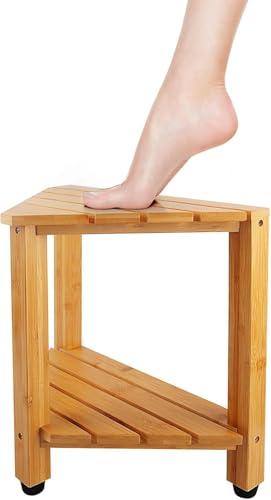 MISSEND Shower Foot Rest 13 in, Bamboo Shower Stool for Shaving Legs,Corner Bath Shower Bench with Starage Shelf for Inside Small Shower Spaces