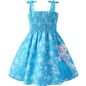 Disney Princess Frozen Elsa Minnie Stitch Toddler Girl Dress Bow Tie Straps Smocked Summer Outfit Birthday Party Clothes 2-9Y