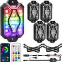 Five-Sided RGB Rock Lights - 4 Pods Multicolor Glow App/Remote Control, Music Sync, Brake Turn Signals, Easy Dual Wiring, Wheel Well Lights Underglow Kit Compatible for Car Trucks Jeep SUV UTV ATV