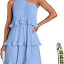 One Shoulder Mini Dress Women Tiered Ruffle Summer Sundress | One shoulder mini dress with full lining pleated fabric tiered ruffles and a flowy A-line fit for summer (Blue, S)