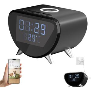 4K Camera Clock Time & Temperature Desktop Clock WiFi Connection Cam Support Wireless Charging Indoor Pet Monitoring(No Audio) (Black)