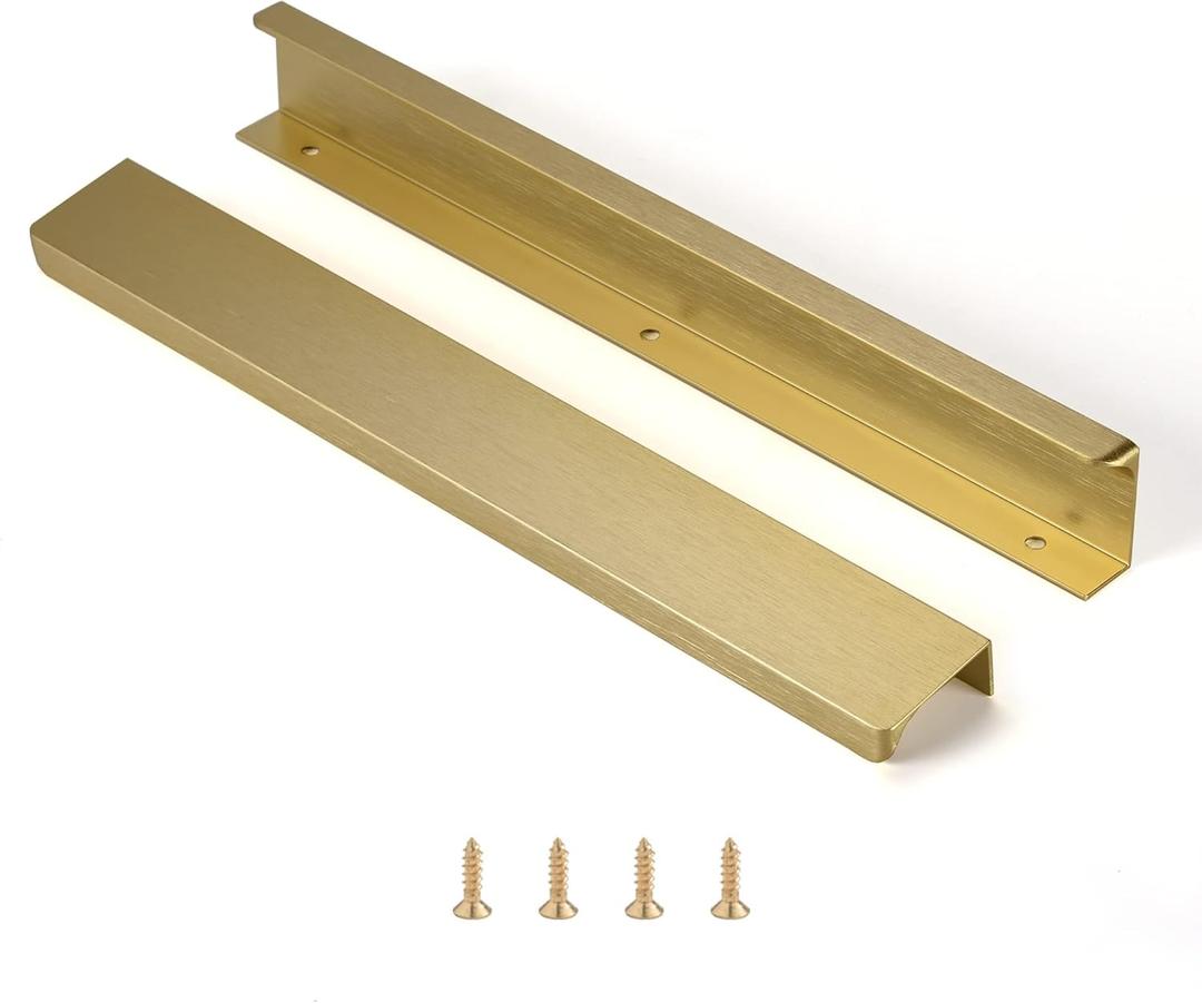 Satanga Edge Finger Tab Pull for cabinets Kitchen Concealed Drawer pulls Aluminum Flat Hidden Brushed Brass Mount Door Long Handle for Home 10Pack Modern 10" Hole Center Easy Installation (10"hole Center 11.8" Overall Length)