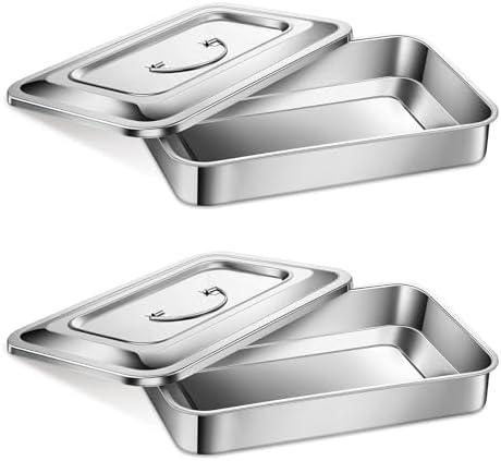 Zabbay 2 Medical Surgical Trays 201 Stainless Steel Dental Instruments Tray Organizer Holder Sterilized Metal Box with Lid and Handle Grip for Medical Surgical Dental Instruments (9 Inch)