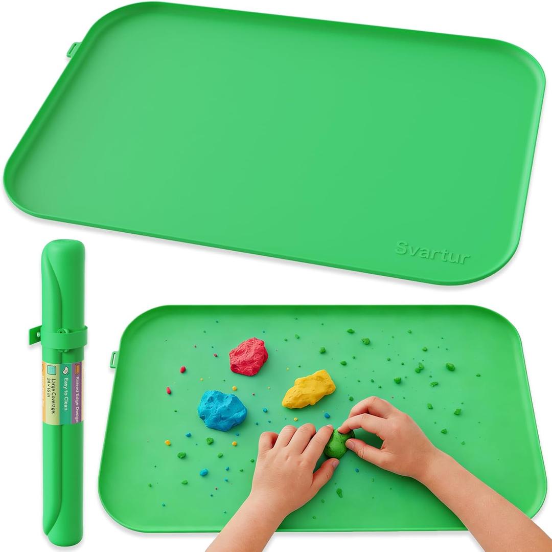 Silicone Craft Mat 24" x 16" with Raised Edge, Roll-Up Design with Storage Strap, Multi-Purpose Desk & Table Protector Silicone Art Mat for Crafts, Painting & DIY, Green