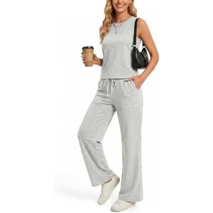 AFINTE Two Piece Sets for Women Summer Outfits, Lounge Sets, Sleeveless Crop Tops Wide Leg Pants Vacation Travel Clothes 
31" White, S