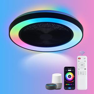 20" Low Profile Ceiling Fans with Lights,Smart RGB Ceiling Fan with Alexa/Google Assistant/Tuya APP Control, Flush Mount Enclosed Bladeless Ceiling Fan with Light for Kids Bedroom/Living Room