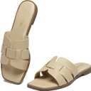 Women's Flat Sandals Dressy Comfortable Square Open Toe Slip On Leather Slide Sandals, Tan Size 8.5