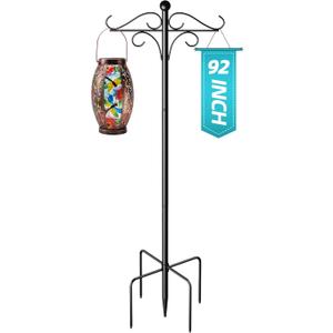 92" Double Shepherds Hooks for Outdoor, Adjustable Heavy Duty Bird Feeder Pole with 5 Prong Base, Metal Plant Hangers Outdoor for Hanging Plant Baskets, Solar Lanterns, 1 Pack