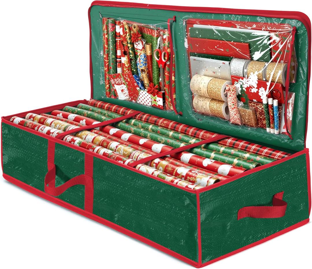 3 x ZOBER Gift Wrapping Paper Organizer Storage - 40" Gift Wrap Storage Containers with Interior Pockets for Bows, Tags & Ribbons - Wrapping Paper Holder, Waterproof, Fits 24 Standard Rolls, Green