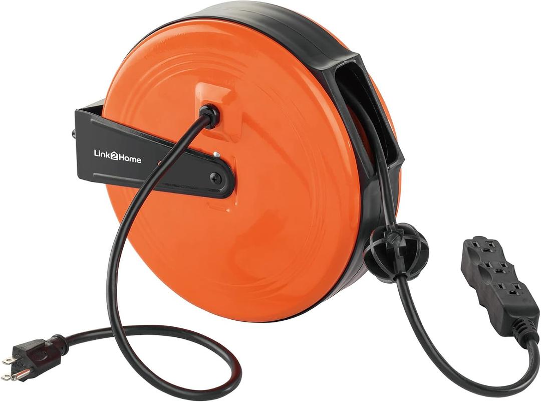 Link2Home 30 Ft Retractable Extension Cord Reel with 3 Outlets, Ceiling or Wall Mountable, 16/3 SJTW Cable, Circuit Breaker, Metal Mounting Plate and Hardware for Garage or Workshop