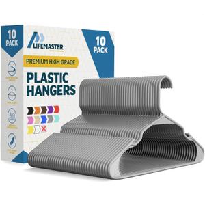 Lifemaster Plastic Clothes Hangers  Heavy Duty Hanger Set, for Organizing Clothes, Dresses, and Coat, Holds Up to 5 lbs, Space-Saving Hangers with Non-Slip Shoulder Grooves, Pack of 10, Gray