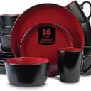 Stone Lain Albie Stoneware 16 Piece Dinnerware Set, Plates and Bowls Sets, Dish Set for 4, Red and Black, Microwave & Dishwasher Safe