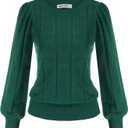 GRACE KARIN Women's Long Lantern Sleeve Crew Neck Crochet Top Hollow Out Fall Pullover Sweater, M