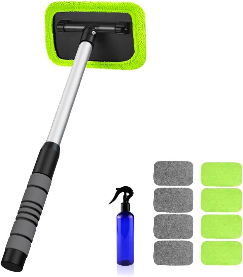 XINDELL Windshield Cleaning Tool for Car Extendable Handle Window Cleaner with Reusable Microfiber Pads, Streak-Free Interior & Exterior Auto Glass Cleaner (Green)