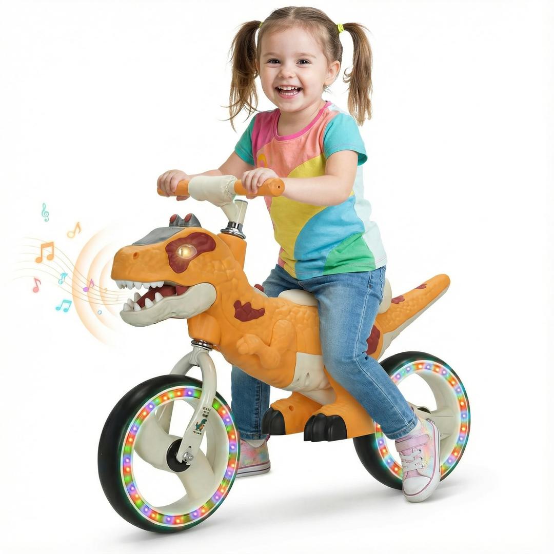QMHHRJT Orange Dinosaur Balance Bike, 10in Toddler Bike 3-5 with Lights