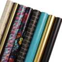 LaRibbons Black Christmas Wrapping Paper Rolls with Cutlines, 30Inch  10Feet, 8 Rolls: 200 sq.ft.ttl, Matte Gold Black and Stripes Jewel Gift Wrap Bundle for Christmas, Holiday, Season Party (Jewel Toned Ornaments)